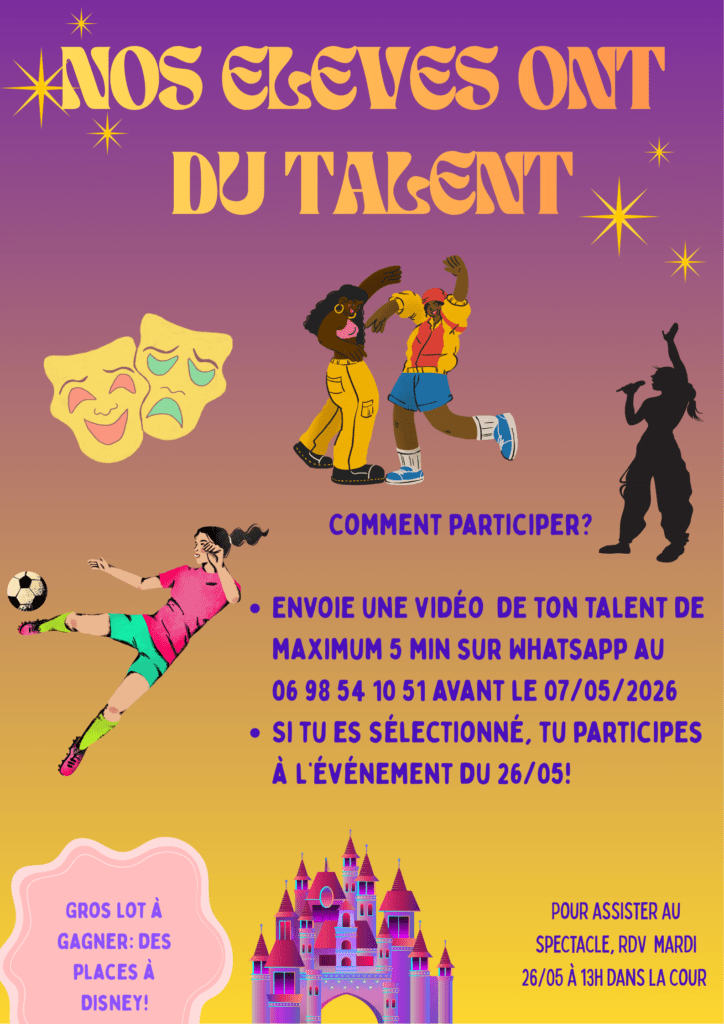 Le CVL organise un concours de talent ! Pour participer envoie une vidéo de ton talent avant le 7 mai 2026. Si tu es sélectionné, tu pourras participer au spectacle pour tenter de gagner des places à Disneyland Paris !